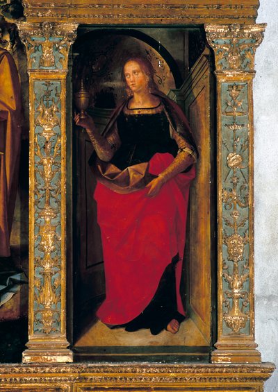 Polyptychon mit der Geburt Christi mit Seitenflügeln, die die Heiligen Petrus, Paulus, Clemens und Magdalena zeigen (Detail von Maria Magdalena) von Galeazzo and Aleni Tommaso fl.1505 15) Campi