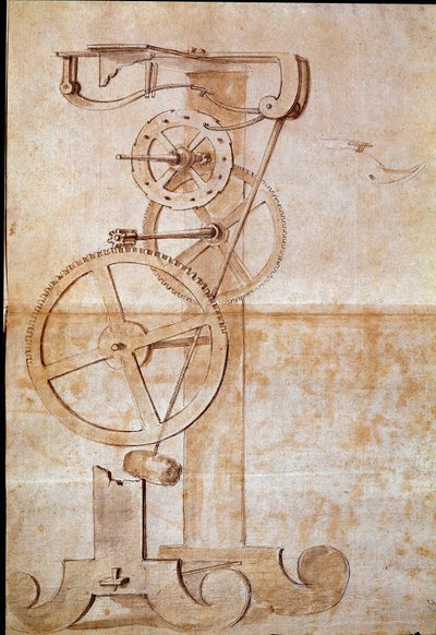 Uhr mit Pendel, untersucht vom italienischen Astronomen und Physiker Galileo Galilei (1564-1642) im Jahr 1638 zur Zeitmessung. Zeichnung. Florenz, Nationalbibliothek von Galileo Galilei