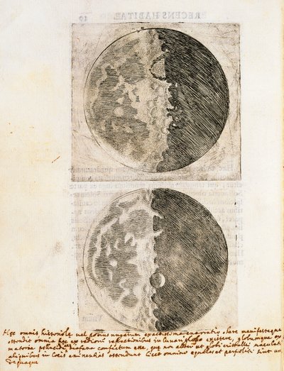 Sidereus Nuncius (Sternenbote) mit Zeichnungen der Phasen und der Oberfläche des Mondes von Galileo Galilei