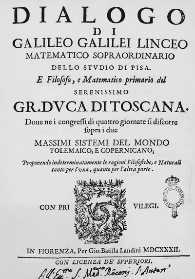 Titelseite von Dialog über die zwei hauptsächlichen Weltsysteme, ptolemäisch und kopernikanisch, von Galileo Galilei, veröffentlicht in Florenz 1632 von Gian Battista Landini von Galileo Galilei