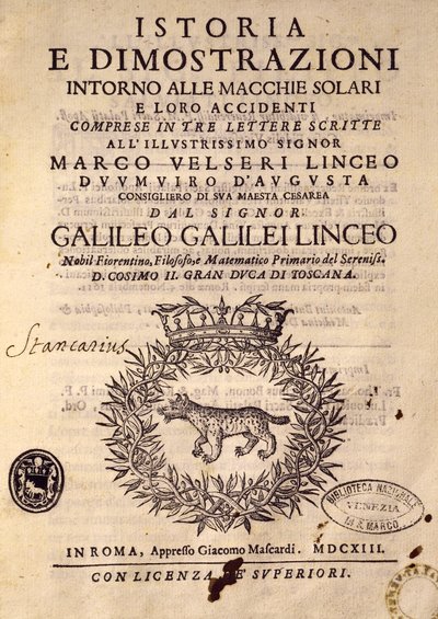 Titelseite der Geschichte und Demonstrationen über Sonnenflecken und ihre Eigenschaften von Galileo Galilei
