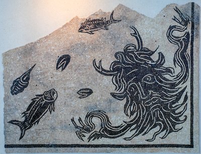 Mosaik, das den Kopf des Ozeangottes mit Meerestieren darstellt von Gallo-Roman