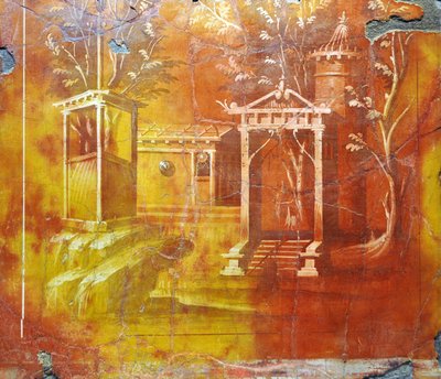Römische Kunst: Architektonische Landschaft mit Tempel und heiligem Portal aus der Villa Papiri (Fresko) von Gallo Roman
