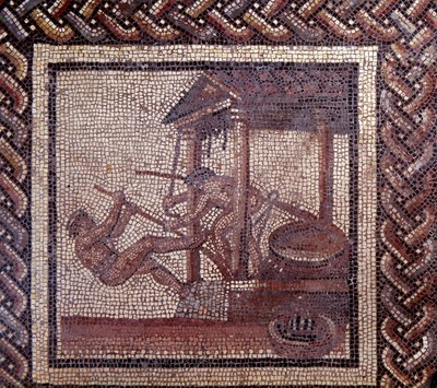 Gallorömische Kunst: Mosaikpflaster, das einen rustikalen Kalender darstellt. Eine Ölpresse. Ende 2. Anfang 3. Jahrhundert nach Christus. Aus Saint-Romain-en-Gal (Rhone). Saint Germain en Laye, Nationalmuseum für Archäologie von Gallo Roman