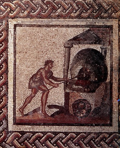 Gallorömische Kunst: Mosaikpflaster, das einen rustikalen Kalender darstellt. Brotbäckszene. Ende 2., Anfang 3. Jahrhundert n. Chr. Aus Saint-Romain-en-Gal (Rhône). Saint-Germain-en-Laye, Nationalmuseum für Archäologie von Gallo Roman