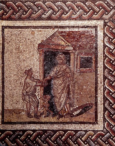 Gallorömische Kunst: Mosaikpflaster, das einen rustikalen Kalender darstellt. Feierliche Szene. Ende 2. Anfang 3. Jahrhundert nach Christus. Aus Saint-Romain-en-Gal (Rhône). Saint Germain en Laye, Nationalmuseum für Archäologie von Gallo Roman