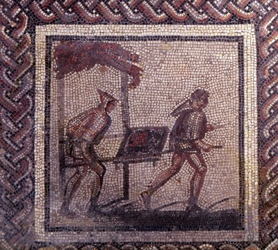 Gallorömische Kunst: Mosaikpflaster, das einen rustikalen Kalender darstellt. Misttransportszene. Ende 2., Anfang 3. Jahrhundert n. Chr. Aus Saint-Romain-en-Gal (Rhône). Saint-Germain-en-Laye, Nationalmuseum für Archäologie von Gallo Roman