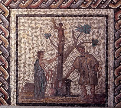 Gallorömische Kunst: Mosaikpflaster, das einen rustikalen Kalender darstellt. Opferszene für Ceres und Apollo. Ende 2. Anfang 3. Jahrhundert n. Chr. Aus Saint-Romain-en-Gal (Rhône). Saint Germain en Laye, Nationalmuseum für Archäologie von Gallo Roman