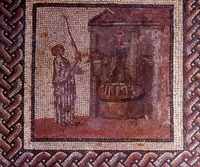 Gallorömische Kunst: Mosaikpflaster, das einen rustikalen Kalender darstellt. Die Arbeit mit dem Schleifstein. Ende 2. Anfang 3. Jahrhundert nach Christus. Aus Saint-Romain-en-Gal (Rhône). Saint Germain en Laye, Nationalmuseum für Archäologie von Gallo Roman