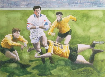 Rugbyspiel: England gegen Australien im Weltcup-Finale, 1991, Will Carling wird getackelt von Gareth Lloyd Ball