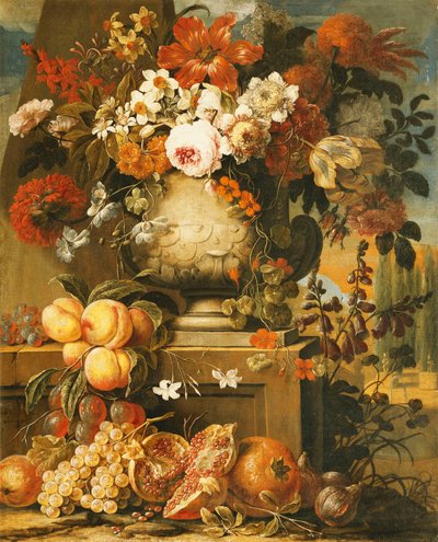 Blumen in Urnen auf Sockeln mit Früchten von Gaspar Pieter II Verbruggen