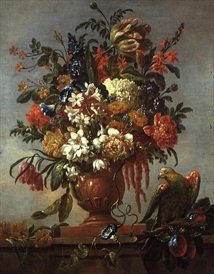 Stillleben mit Blumen in einer Urne und einem roten Papagei von Gaspar Pieter II Verbruggen