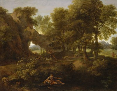 Landschaft mit einem Fischer, einem Schäfer und anderen Figuren von Gaspard Poussin Dughet