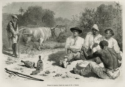 Eine Gruppe von Vaqueros spielt Karten und trinkt Alkohol, in der Nähe ihrer Rinderherden, Gravur nach einer Zeichnung von G. Vuillier, zur Illustration der Geschichte De Cayenne aux Andes, von Jules Crevaux, Arzt der französischen Marine, in den Jahren 18 von Gaston Vuillier