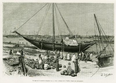 Ein Tepe auf dem Markt von Sansibar (Tansania). Gravur von G. Vuillier zur Illustration der Geschichte „Reise bei den Benadirs, Somalis und Bayouns“ von G. Revoil, veröffentlicht in Le Tour du monde 1888 von Gaston Vuillier