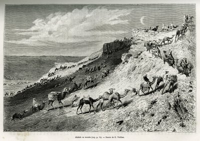 Akabah oder das Aufstellen von Kamelen aus der Karawane. Gravur von G. Vuillier, zur Illustration der Geschichte „Pilgerfahrt nach Nedjed, Wiege der arabischen Rasse“, von Lady Anna Blunt, 1878-1879, veröffentlicht in Le tour du monde, unter der Leitung vo von Gaston Vuillier