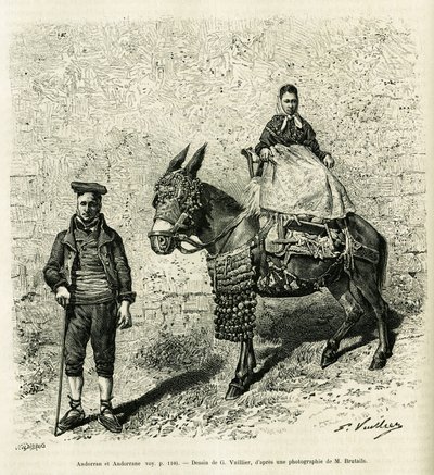 Andorra und Andorra. Gravur von G. Vuillier zur Illustration der Geschichte „Das Tal von Andorra“ von Gaston Vuillier, in Le Tour du monde 1888, herausgegeben von Edouard Charton (1807-1890), Hachette, Paris. von Gaston Vuillier