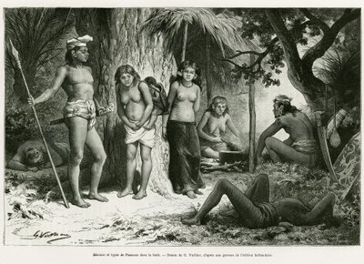 Biwak und Typen von Lung im Wald. Gravur von G. Vuillier, zur Illustration der Geschichte 