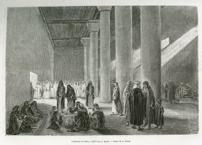 Im Inneren des Palastes von Emir Muhammad Ibn Abdullah Al Rashid (1872-1897), in Hail, Saudi-Arabien. Gravur von G. Vuillier, zur Illustration der Geschichte „Pilgerfahrt nach Nedjed, Wiege der arabischen Rasse“, von Lady Anna Blunt, 1878-1879, veröffentli von Gaston Vuillier