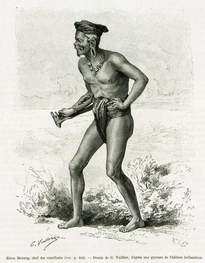 Sibou Mobang, Anführer der Kannibalen. Gravur von G. Vuillier, zur Illustration der Geschichte De Koutei à Bandjirmasin, Reise durch Borneo, von Carl Bock, in Le tour du monde 1890, unter der Leitung von Edouard Charton (1807-1890), Hachette, Paris von Gaston Vuillier
