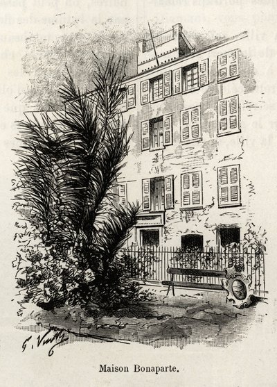 Die Fassade des Hauses Bonaparte, in dem Napoleon Bonaparte (1769-1821) nicht ist. Gravur und Geschichte 