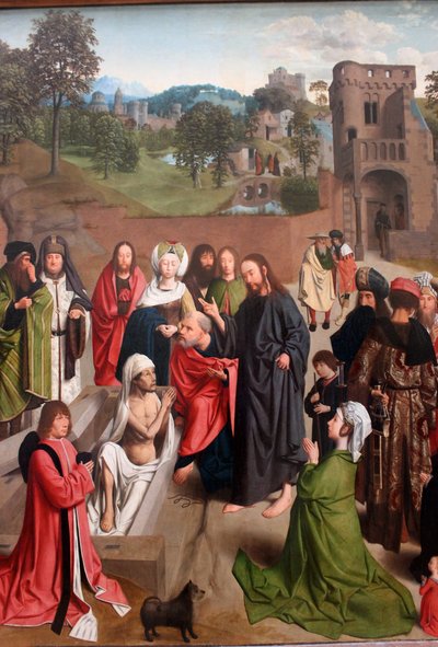 Die Auferweckung des Lazarus mit einem Paar Spendern und ihrer Tochter von Geertgen Tot sint Jans