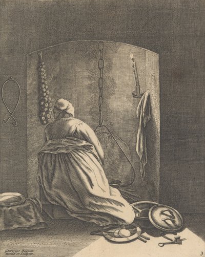 Eine Frau beim Kochen, Platte 3 aus Fünf weibliche Beschäftigungen, ca. 1640-57 von Geertruydt Roghman