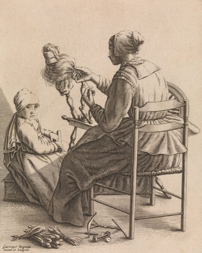 Eine Frau beim Spinnen, Tafel 4 aus Fünf weibliche Tätigkeiten, ca. 1640-57 von Geertruydt Roghman