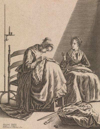 Zwei Frauen beim Nähen, Platte 1 aus Fünf weibliche Beschäftigungen, ca. 1640-57 von Geertruydt Roghman