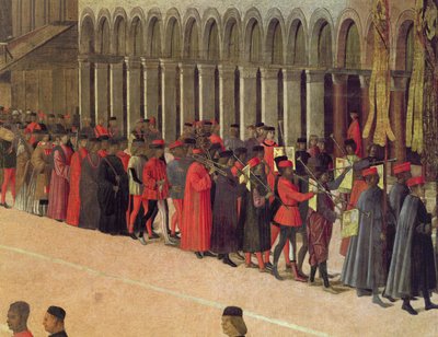 Prozession auf dem Markusplatz, Detail der Musiker, 1496 Öl auf Leinwand (Detail) von Gentile Bellini