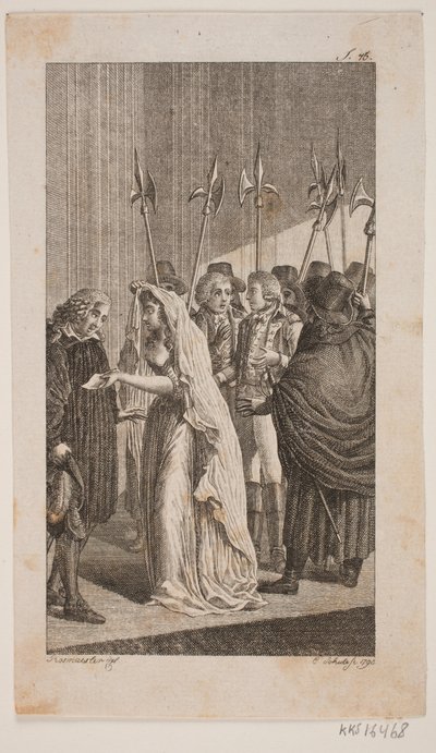 Illustration mit einer jungen Dame, die einem älteren Mann einen Brief übergibt. Im Hintergrund zwei Herren, umgeben von Stadtwachen von Georg Christian Schule