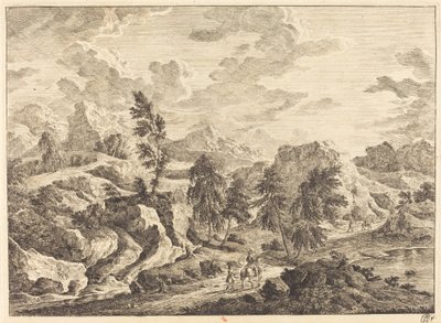 Landschaft mit aufgehender Sonne und einem Reiter mit Begleiter von Georg Eisenmann