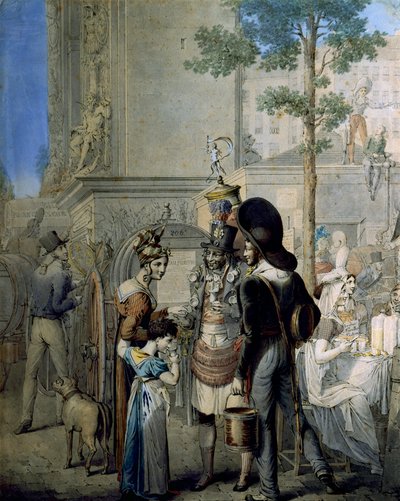 Kokosnusshändler Porte Saint Denis in Paris. Alter Händlerladen, der Kokosnussbecher in den Straßen von Paris verkauft. Zeichnung von German George Emanuel Opitz (1775-1841) von Georg Emanuel Opitz