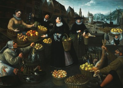 Eine Allegorie des Herbstes: Ein Obst- und Gemüsestand über dem Weinmarkt in Frankfurt von Georg Flegel