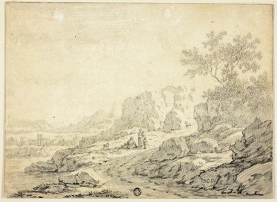 Felsige Landschaft mit Figuren und Hund auf dem Pfad von Georg Friedrich Dietzsch