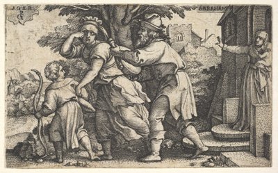 Abraham schickt Hagar und Ismael weg: Abraham hält ein Gefäß, während Hagar und Ismael... (ca. 1543) von Georg Pencz