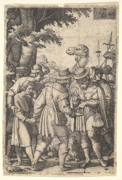 Joseph wird an die Händler verkauft: ein bärtiger Mann greift Joseph mit seiner linken Hand und erhält Co..., 1546 von Georg Pencz