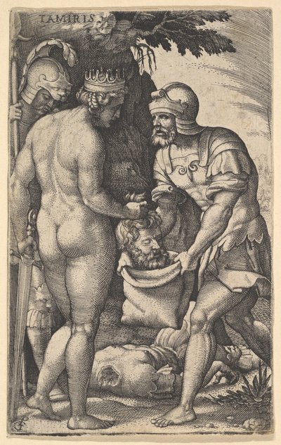 Tomyris, nackt von hinten gezeigt, legt den Kopf von Cyrus in einen Sack, den ein Soldat hält von Georg Pencz