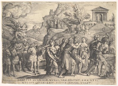 Triumph der Liebe: vier Pferde ziehen eine Kutsche mit Amor, der auf einer rauchenden Plattform steht, ca. 1539 von Georg Pencz