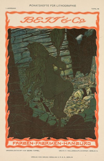 Nackte Frau auf einem Besen (aus der Werbeserie für farbige Stoffe, Beit & Co., Hamburg) von Georg Tippel