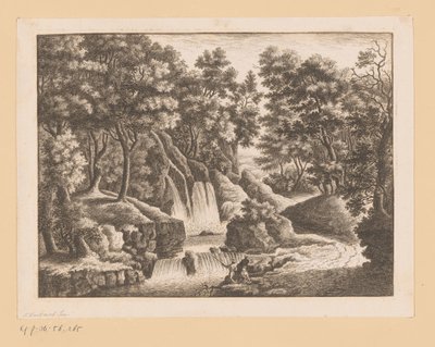 Wasserfall im Wald mit zwei Fischern im Vordergrund von Georg Wolfgang Knorr (possibly)