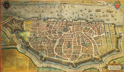 Belgien, Antwerpen von Georg Braun und Franz Hogenberg aus Civitates Orbis Terrarum, Farbgravur von Georg Braun and Hogenberg Franz