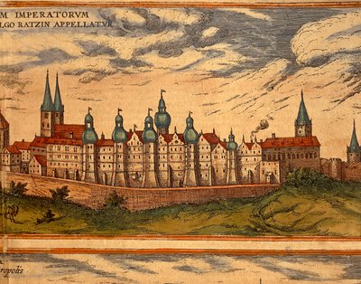 Tschechische Republik, Prag, Ansicht des Palastes, Farbstich aus Civitates Orbis Terrarum von Georg Braun und Franz Hogenberg von Georg Braun and Hogenberg Franz