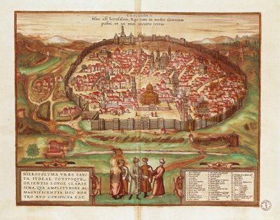 Israel und Palästina, Stadt Jerusalem, von Georg Braun und Franz Hogenberg, aus Civitates Orbis Terrarum, Farbstich von Georg Braun and Hogenberg Franz