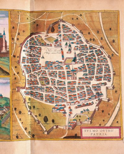 Italien, Sulmona, Die Stadt Sulmona aus Civitates Orbis Terrarum von Georg Braun und Franz Hogenberg, Kupferstich von Georg Braun and Hogenberg Franz