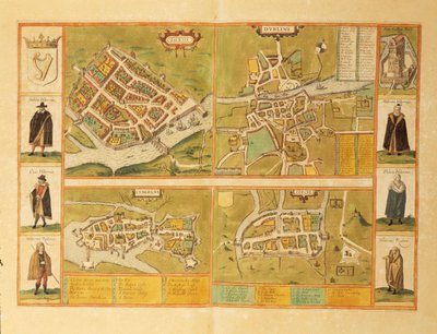 Karte von Galway, Dublin, Limerick und Cork aus Civitates Orbis Terrarum von Georg Braun and Hogenberg Franz