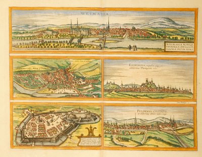 Karte von Weimar, Jena, Erfurt, Gotha und Fulda aus Civitates Orbis Terrarum von Georg Braun and Hogenberg Franz