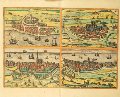 Helsingborg, Lund, Malmö, Elbogen und Landskrona, aus Civitates Orbis Terrarum, Köln von Georg Braun and Hogenberg Franz
