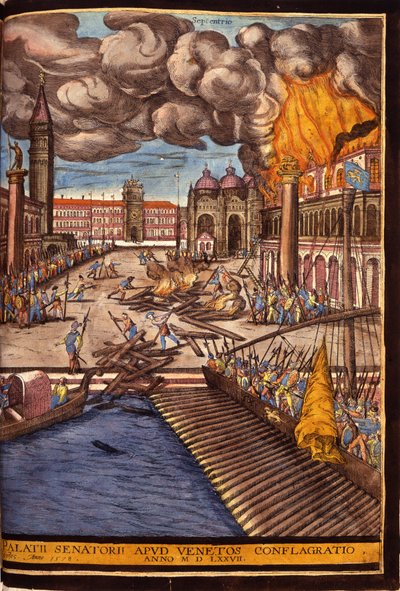 Der große Brand des Dogenpalastes auf dem Markusplatz in Venedig im Jahr 1577. Gravur von George Braun in „Civitatis Orbis Terrarum“ Band I, geschrieben von Franz Hogenberg von Georg Braun and Hogenberg Franz