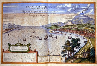 Die Straße von Messina - Kalabrien ist links, während Messina und der Ätna rechts in Sizilien liegen. Atlas von Braun und Hogenberg von Georg Braun and Hogenberg Franz